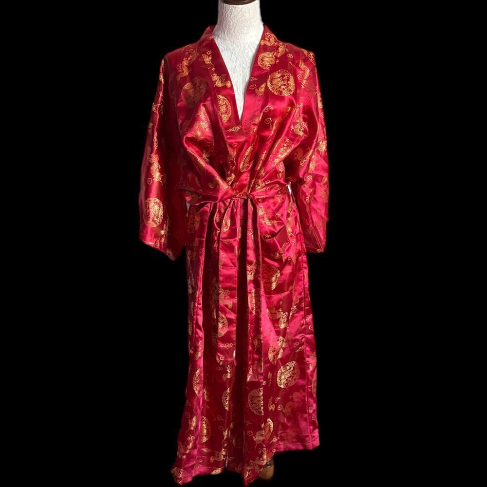 Kimono Style Robe Red Gold Dragon All Over Print Long Silk (?)Lounge Asian L